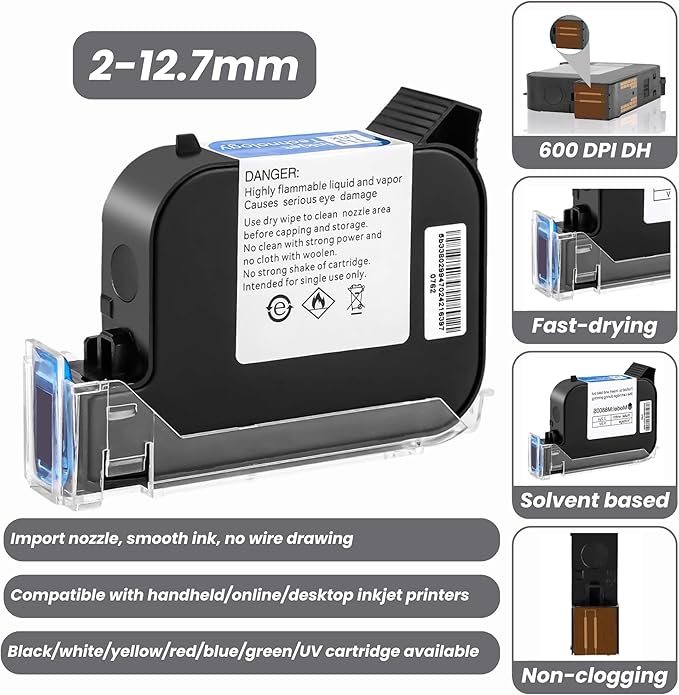 TI1349 Inkjet - Original Black Solvent Ink Cartridge 42ml. Fast-Drying & High Adhesion – Compatible with Z10, C10, M10, M12 Handheld Inkjet Printers, 0.5in/12.7mm Nozzle.