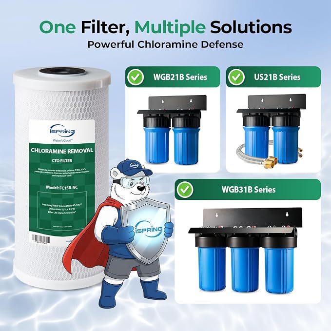 iSpring FC15B-NC 10” x 4.5” Whole House Water Filter, SGS-Tested to Remove up to 94.4% of Chloramine, Reduces Odor, Chlorine, Sediment