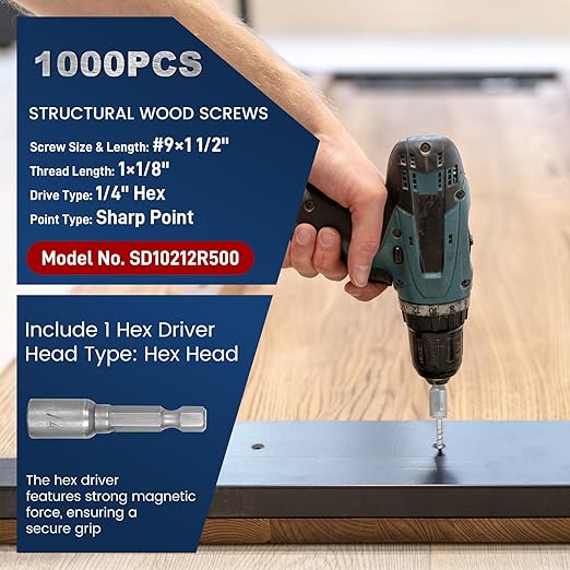 #9 x 1-1/2" Joist Hanger Screws, Silver / 0.370"-Dia Heavy‑Duty Deck Screw, Replace Simpson SD9112R1000 SD Connector Screws & 10DNails,1/4" Hex Socket Wood Screws,1000pcs