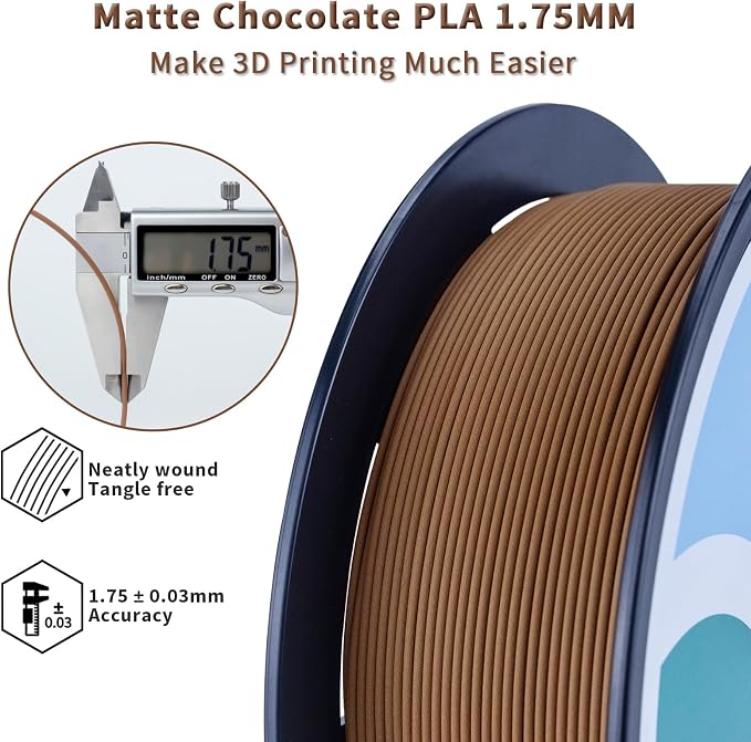 ZIRO 3D Printer Filament Bundle, Matte 1.75mm PLA Filament, Basic Colors PLA Series 4 Pack, 3D Printing Material, 1.75mm 2.2lbs x 4 Spool, Black, White, Military Green, Chocolate