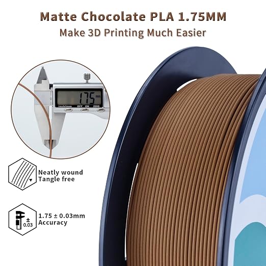 ZIRO Matte PLA Filament 1.75mm, Pure Color No-Shine 3D Printer Filament, High Toughness 3D Printing Material, Dimensional Accuracy +/- 0.03mm, Chocolate(Matte)