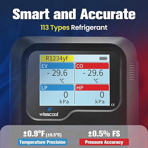 WISSCOOL Digital Manifold Gauges HVAC, R454B R134A R410A R32 AC Gauge Set with LED 2 Thermometer Clamp Probes,Pressure Temp Leak Test