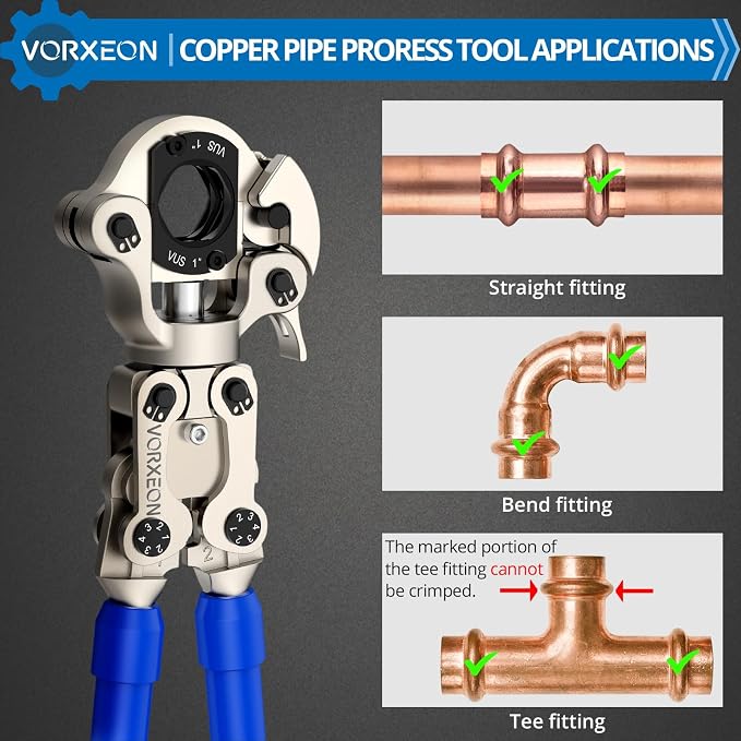 Propress Tool for Copper Pipe Mechanical Copper Tube Crimping Tool with 1/2, 3/4 and 1 inch Dies One-Squeeze Completion Crimper Telescopic handle