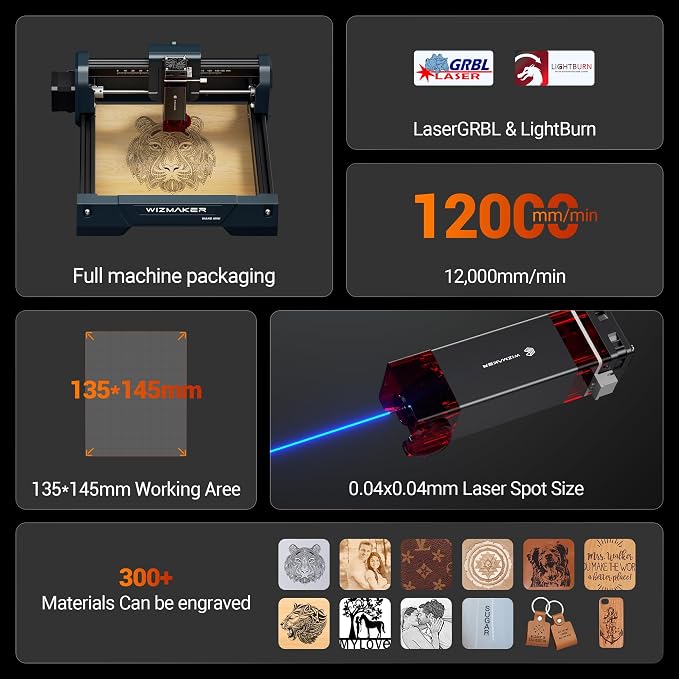 WIZMAKER Laser Engraver Machine, 2.5W Laser Engraver, Spot Size 0.04mm, Engraving Speed 12000mm/min, Supports WiFi/Hotspot/USB, Suitable for Wood, Leather, Acrylic, and Glass Materials