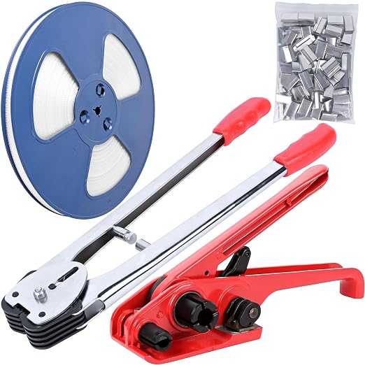 Heavy Duty Banding Strapping Kit with Tensioner Tool, 0.55" x 3937" Polypropylene Packaging Strapping Roll, 100 Metal Seals Sealer Tool for Pallets, Logistics, Warehouse (Red)
