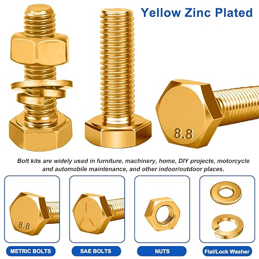 Taiss 904pcs Grade 8.8 Metric Bolt Assortment & SAE Nuts and Bolts Assortment Kit,M4 M5 M6 M8 M10 1/4-20,5/16-18,3/8-16 1/2-13(12-60mm) Heavy Duty Hex Bolt Washer Yellow Zinc Plated,with Handheld Box