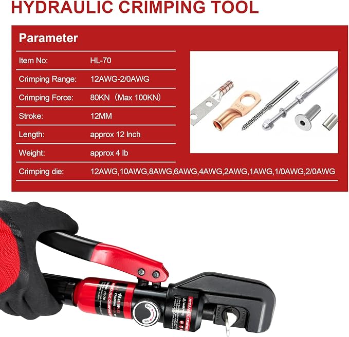 Hydraulic Crimping tool for Battery Cable Crimper | 9 Pairs Standard US Dies Range 12AWG-2/0AWG | MAX 10TON Crimping Force | Upgrade the Hydraulic System to Prevent Oil Leakage