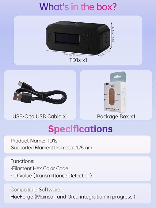 BIQU Ajax TD1s Filament Tester Sensor for Multi-Color Printing, Plug and Play, HueForge Integration, to Calculate Transmission Distance Values and Hex Color Code, Bambu-Lab Compatible