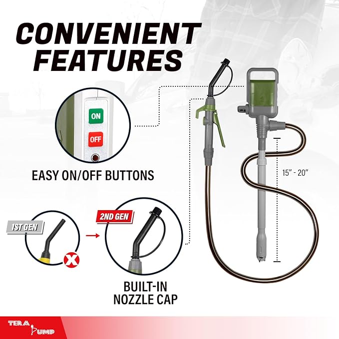 TERA PUMP 2nd Gen. TRCDM Portable Fuel Transfer Pump with Flow Control Nozzle (2.6 Gal/Min) Adjustable Suction Tube, Patented Control Handle, Nozzle Cap for Gas/Diesel/Kerosene / E15 to E85