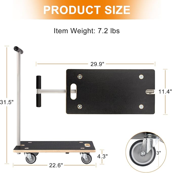 Heavy Duty Rectangle Wood Platform Dolly with Handle - 441-Lb Cap. | 3" TPR Wheels, Multifunctional Furniture & Plant Mover for Transporting Heavy Items
