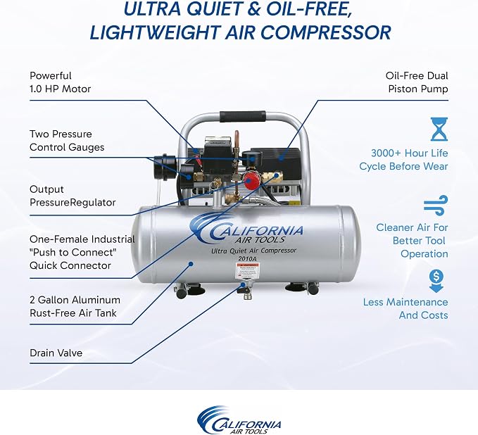 California Air Tools 2010A 1.0 HP Ultra Quiet and Oil-Free Air Compressor, 2 Gallon Aluminum Tank, 60 dBA Noise Level, Silver | 1.0 HP, Ultra Quiet and Oil-Free, 2 Gallon Aluminum Tank, 60 dBA Noise Level