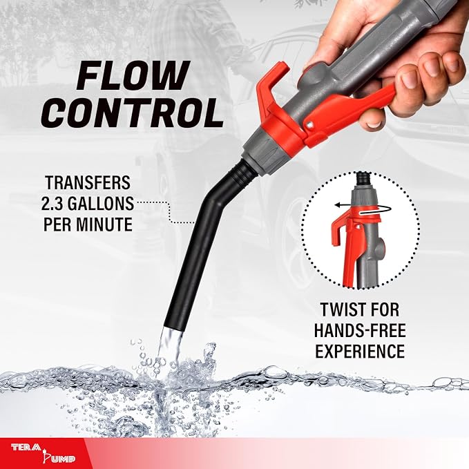 TERA PUMP Fuel Transfer Pump w/Flow Control Nozzle & Telescopic Tube - 3X Powerful D Battery Powered, 10FT XL Long Vinyl Discharge Hose, Multipurpose Portable Battery Pump For Gas, Diesel (2.3 GPM)
