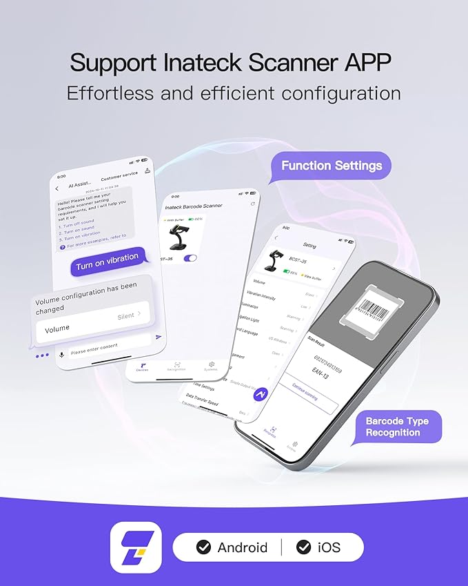 Inateck 2D Barcode Scanner with Intelligent Stand, Wireless QR Code Scanner, Handheld Scanner with APP and SDK, 2D Imager with 2600mAh Battery, BCST-35