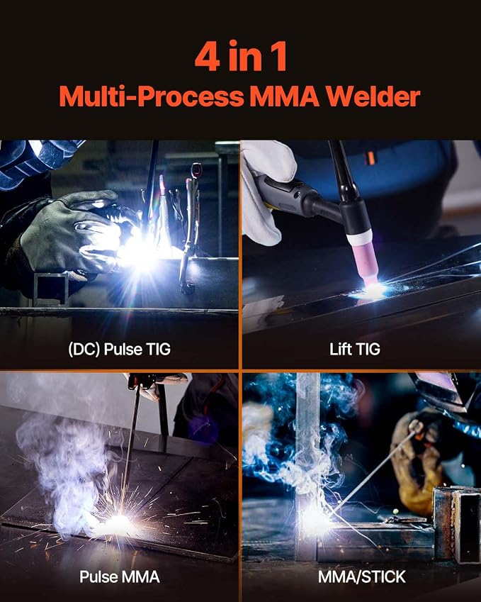 VEVOR MMA Welder, 140A 4-in-1 Welding Machine - MMA (Stick)/DC Pulse MMA/DC Pulse TIG/Lift TIG, 110 & 220V Dual Voltage Electric Welder with LED Display, Synergic Control, IGBT Inverter Hot Start