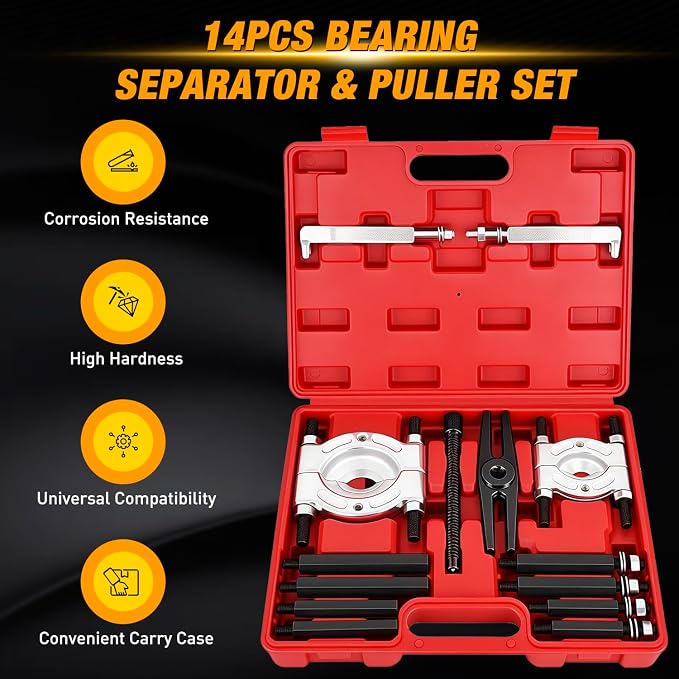 GOOACC 14pcs Bearing Puller Kit, 5 Ton Capacity Bearing Separator with 2" and 3" Jaws, Wheel Bearing Removal and Hub Axle Puller Set, Heavy Duty Gear Splitter Tool Kit, Pinion Pullers with Case, Red