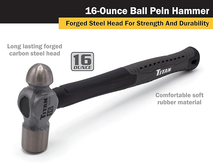 Titan 4-Piece 16oz Hammer Set: Claw, Rubber Mallet, Dead Blow, Ball Peen Hammers - 16oz Each, Orange, Non-Slip Rubber Grip