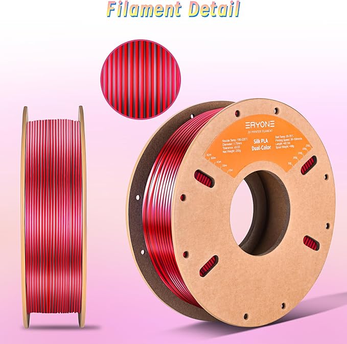 ERYONE PLA Filament 3D Printer Filament Multicolor 1.75mm +/- 0.03mm, PLA Filament 250g Spool, Silk Dual Color Black Red