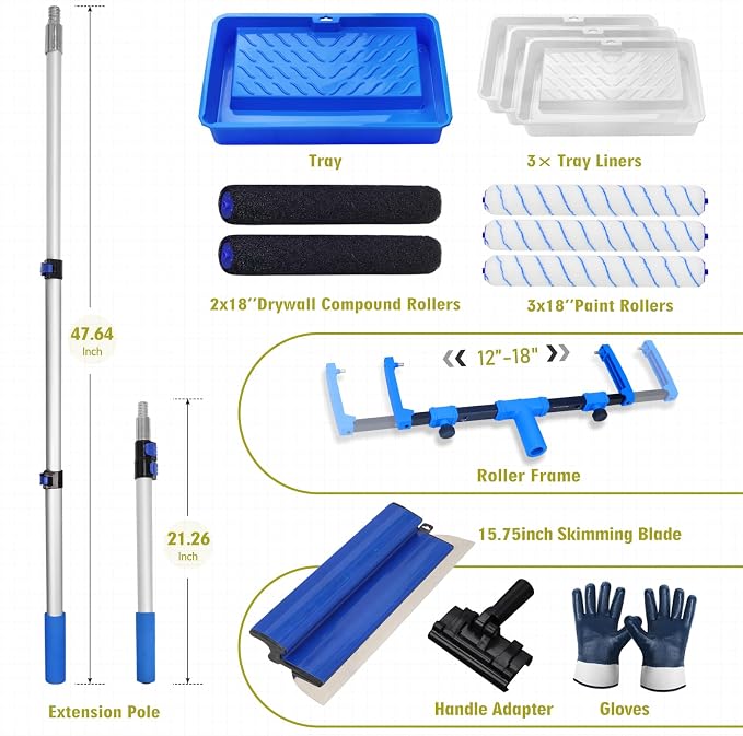 Paint Roller Kit, 18" Paint Roller Set with Paint Scraper, Putty Brushes, Tray with Disposable Liners, Extension Pole and Gloves, Wall Repair and Painting Tools for Interior Walls and Ceilings