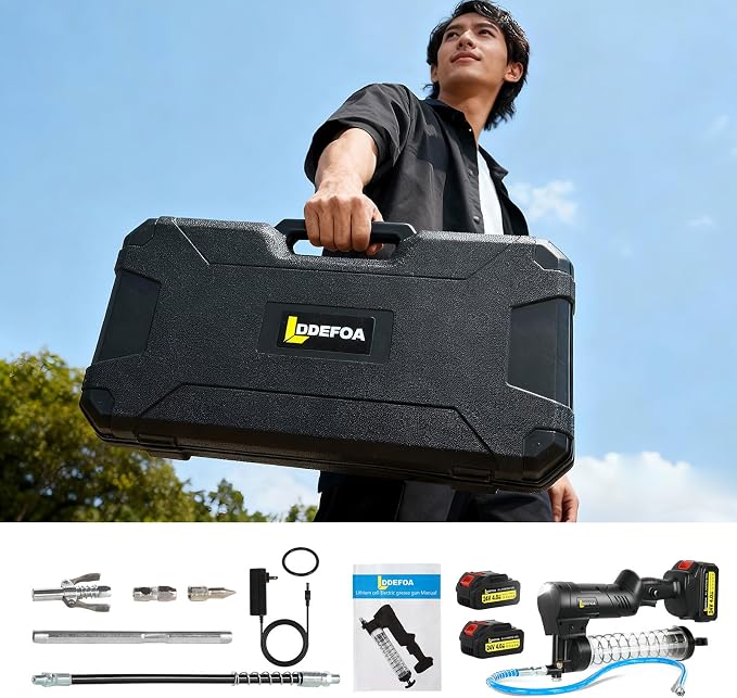 Electric Grease Gun, Upgraded Cordless Grease Gun 2-in-1 Dual Pistol & In-Line Grip, 12000 PSI 7oz/min Flow, 2×4.0Ah battery , 39.4" & 11.8" grease gun hose 4 Couplers Light, for Farm Truck Mechanics