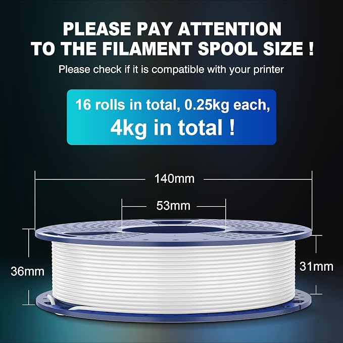 SUNLU 16 Color PLA Filament Bundle Multicolor, 0.25kg per Spool, Total 4KG | 0.25kg per Spool, 16 Pack (4 Transparent Color and 12 Regular Solid Color), Individually Vacuum Packed