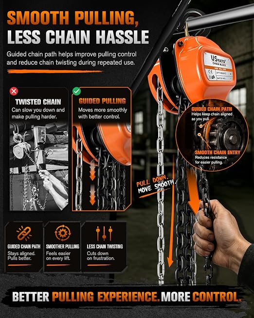 Chain Hoist 1/2 Ton, 1100 lbs Capacity, 10 FT Manual Chain Fall, G80 Alloy Steel Load Chain, Double-Pawl Brake, 360° Swivel Hooks, Heavy Duty Hoist for Garage, Shop, Farm, Warehouse