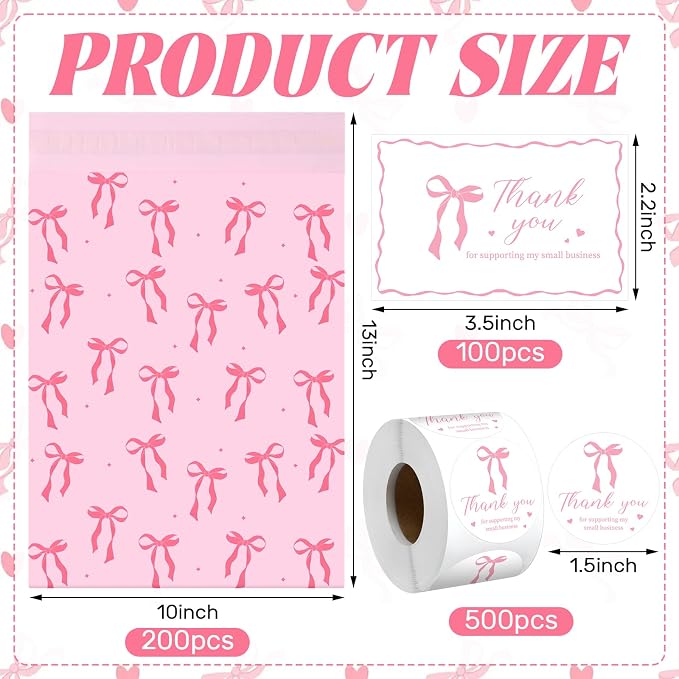 200 Pack 10x13 Pink Bow Poly Mailers Waterproof Self Adhesive Cute Shipping Bags with Thank Cards and Stickers for Small Business Large Mailing Envelopes Bulk Tear Resistant