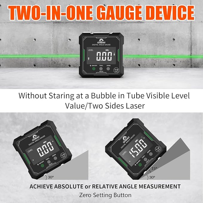 Digital Angle Finder with Green Laser, 4-side Magnetic Digital Laser Level, Rechargeable Mini Angle Gauge Measuring Tool Cube Inclinometer with Backlight for Woodworking Tablesaw Gift for Men