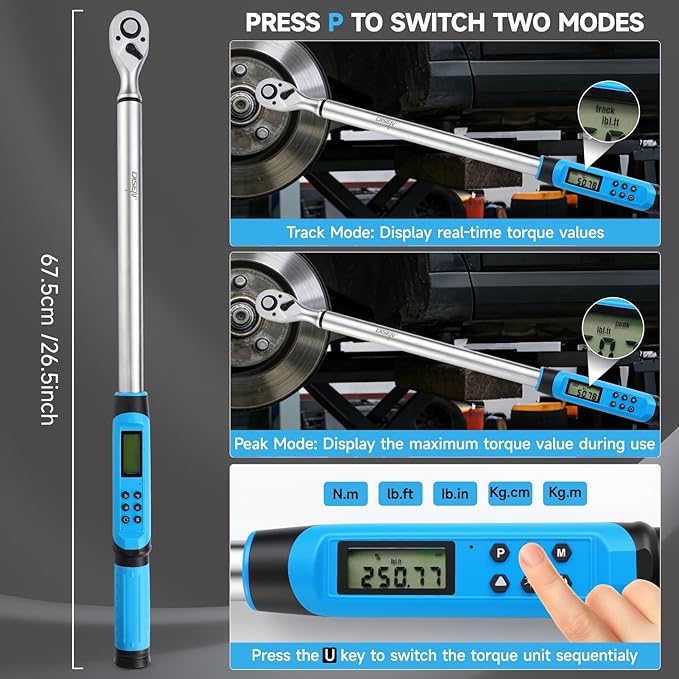 DISEN 1/2 inch Digital Torque Wrench (17-340 N.m / 12.5-250.8 Ft.lb), ±2% Accuracy, 4 Modes with Adjustable Limits, Blue/Red Alarm & Buzzer, 5 Units, for Automotive Motorcycle Bicycle Repair