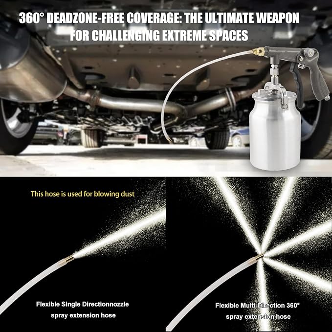 Air Undercoating Spray Gun with Suction Feed Cup & Gauge, 2 Extension Wands 360°Straight Spray Hoses, Fluid Film Spray Gun for Truck Bed Liner Spray Coating, Rubberized Undercoat, Rust Proofing