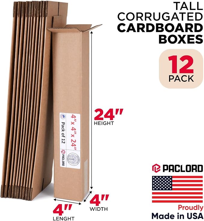 Tall Cardboard Boxes 4"L x 4"W x 24"H (Pack of 12) - USA-Made Packing Boxes for Moving, Shipping, or Storage - USPS, UPS, FedEx Approved - Professional Packing Supplies for Moving | USA-Made Packing Boxes for Moving, Shipping, or Storage - USPS, UPS, F...
