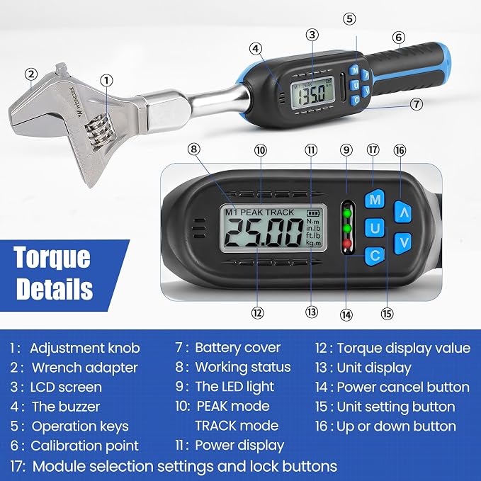 Wisscool Adjustable Digital Torque Wrench, 5-99.6 ft.lb/6.8-135 N.m, Hvac Torque Wrench with 42mm Jaw, ±2% Accuracy, Vibration, Buzzer and LED Indicator for Split AC, Moto, Car