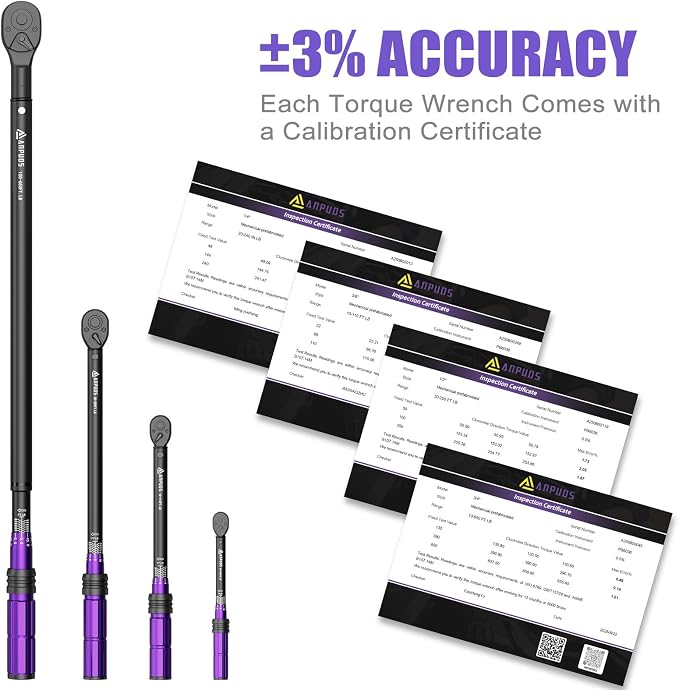 ANPUDS 4PCS Torque Wrench, 20-240in.lb,10-110 & 30-250 & 100-650 Ft.lb | 1/4 3/8 1/2 3/4-Inch Drive Click Torque Wrench Set, ±3% Precision with Dual Range Scales for Bike, Motorcycle, Car, Truck