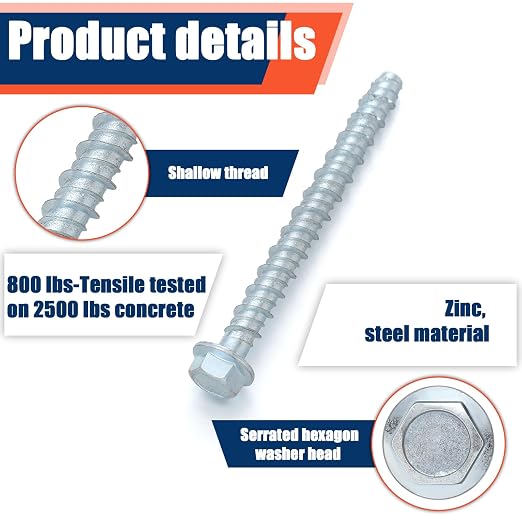 Tandefio 50 Pack 1/4" x 3" Concrete Screw Anchor Galvanized Large Diameter Heavy Duty Plated Concrete Anchors for Masonry Brick Anchoring Block Decking Framing Hex Drive