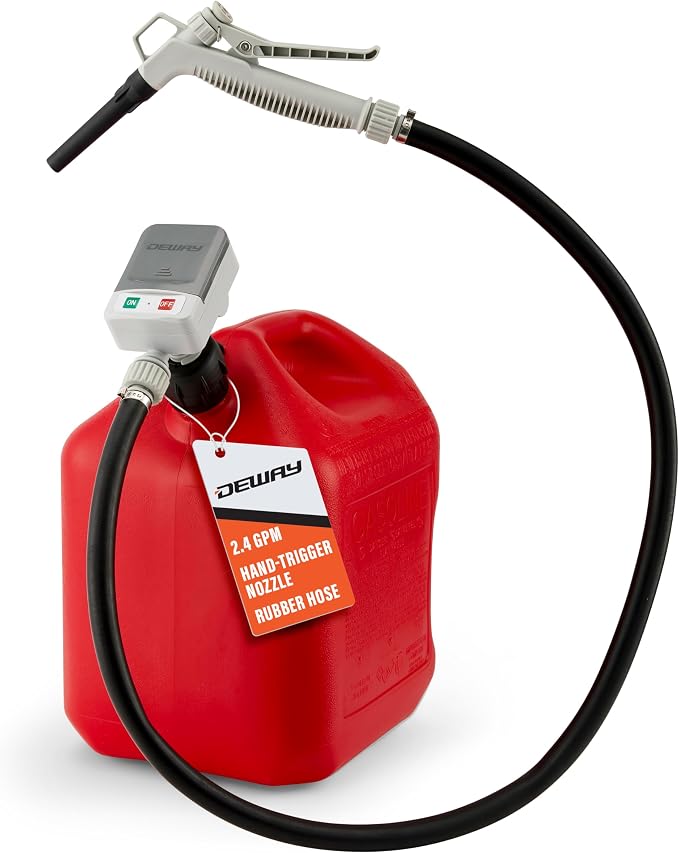 DeWay Fuel Transfer Pump for Gas Can with Manual Hand Trigger Nozzle | Fast 2.4GPM Flow Rate, 51” Heavy Rubber Hose, 4 AA Battery Power & 3 Adapters for Gasoline, Kerosene, Diesel & Non-Potable Water