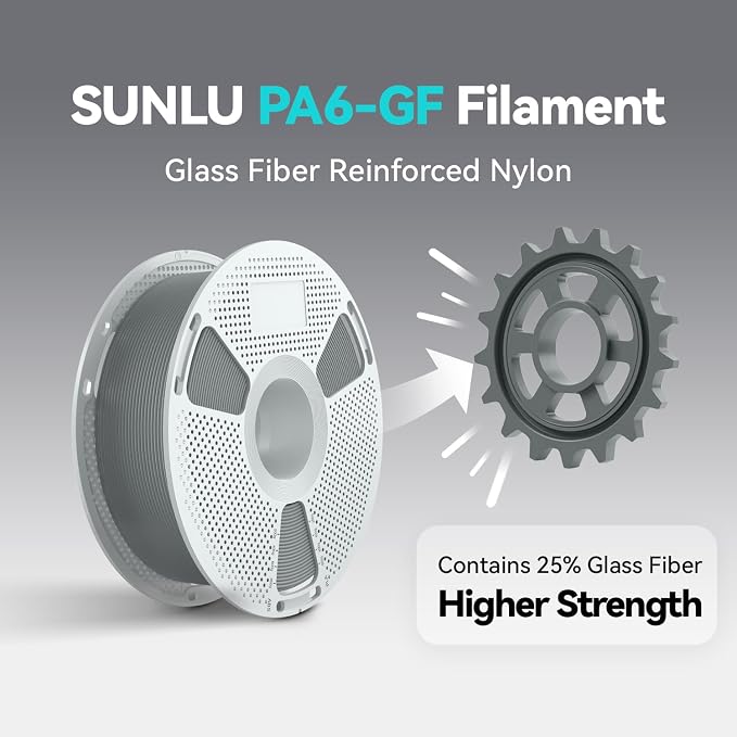 SUNLU PA6-GF 3D Filament 1.75mm 1KG, 25% Glass Fiber Nylon Filament, High Temp Resistance 401°F (205°C), Corrosion Resistance, Engineering Filament, Dimensional Accuracy+/-0.03mm, 1KG Spool, Black