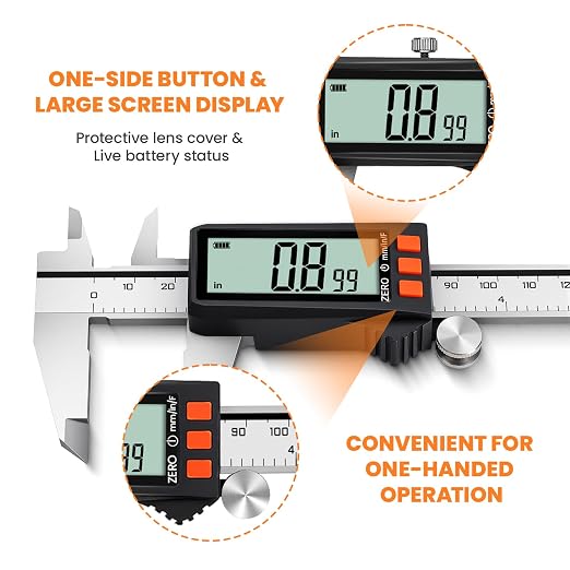 HARDELL Digital Caliper, Rechargeable Calipers with Battery Display, Auto-Off Caliper Large LCD Screen, 6 inch Micrometer, Inch/MM/Fraction for DIY/Household/Jewelers