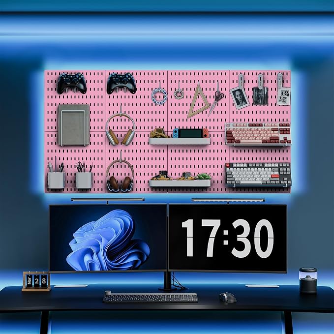 MULSAME Pegboard Combination Kit, Wall Mounted Storage Set with 8 Pegboards & 28 Accessories Hanging, Peg Boards Organizer for Walls Display, Crafts Organization, Kitchen Organizer, 22" x 44" Pink