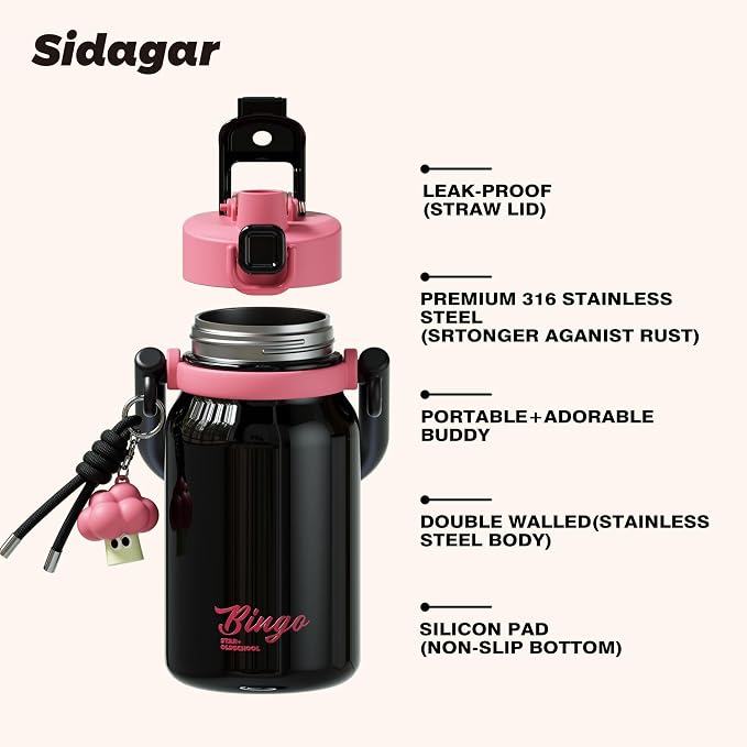 32 oz Insulated Water Bottle for Women with Straw & Handle, 316L Medical Grade Stainless Steel Tumbler, Leakproof Flask for Streetwear, Cafe Time & Trendy Aesthetic Gift, Cute Punk Black