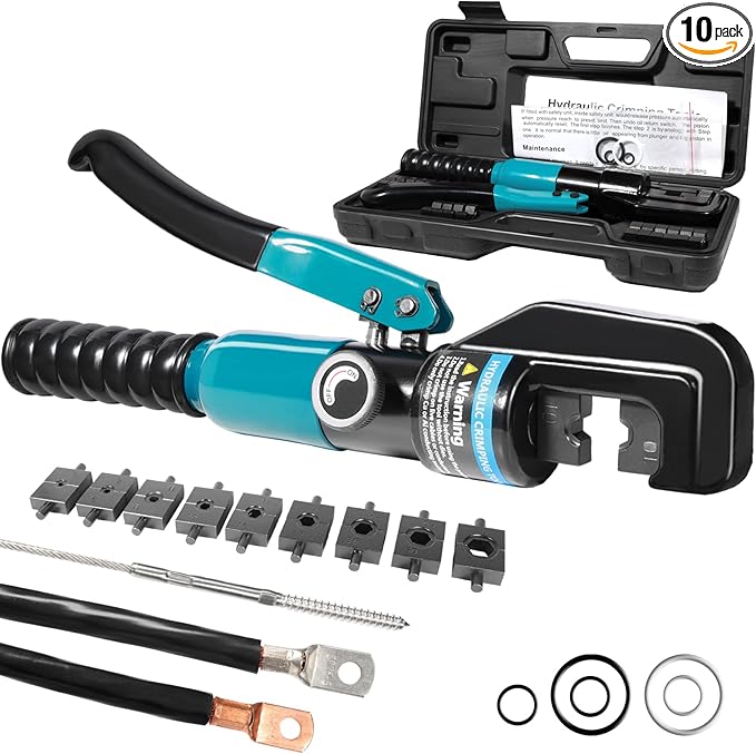 Brileine 10 Tons Hydraulic Crimping Tool with 9 Dies - Battery Cable Crimper Tool & Wire Rope Crimping Tool for 12 to 2/0 AWG, 1/16" 1/8" 3/16" Stainless Steel Cable Railing Tool