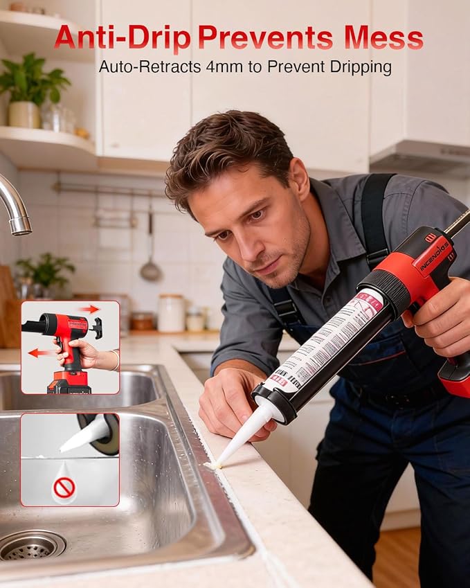 Cordless Caulking Gun w/2 x 3.0Ah Batteries, 800kg Thrust Max Electric Caulk Gun, 6-Speed, 10oz/300ml, 13Pcs Caulk Remover Tool, Led Light, Auto-Retract Anti-Drip for Sealing, Filling, Repairing
