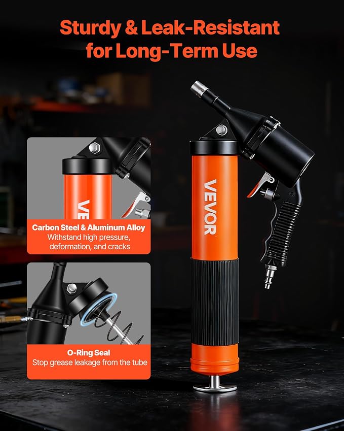 VEVOR Grease Gun, Continuous Cycle Heavy Duty 6000 PSI High Pressure, Pistol Grip Grease Gun Kit with 14 oz Capacity, Includes 18-Inch Flex Hose, 1 Extension Rigid Pipe, 2 Flat Nozzles for Automotive