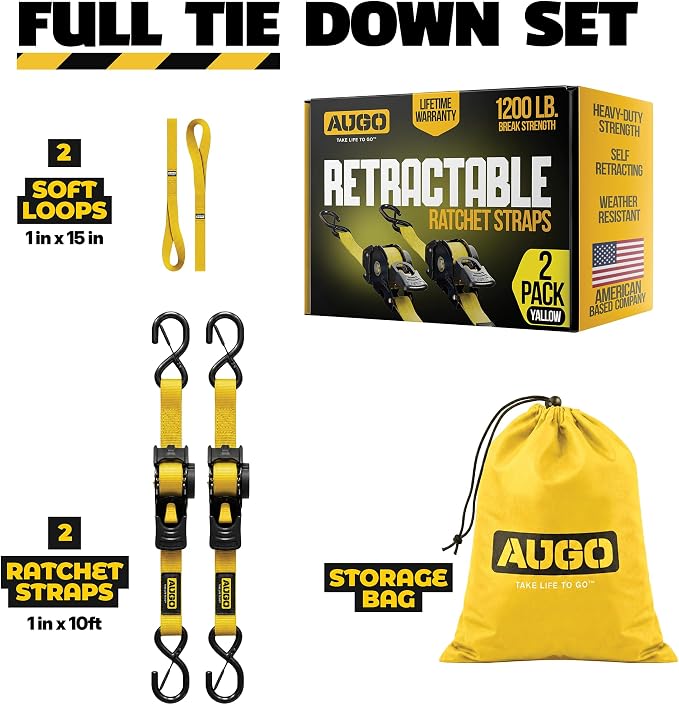 AUGO Retractable Ratchet Straps | 2 Heavy Duty Ratchet Straps Self Retractable Tie Downs with Soft Loops & Storage Bag for Motorcycle, Truck, Trailer, Cargo Van | 1200 Lb Break Strength 1” x 10’