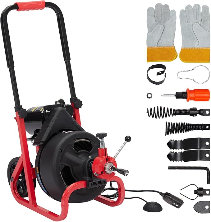 Drain Cleaner Machine, 100 ft X 3/8 in Drain Auge, Auto-feed Professional 6.8A Electric Drain Auger, Air-Activated Foot Switch, w/ 6 Cutters, Gloves, Cleaner Sewer Snake