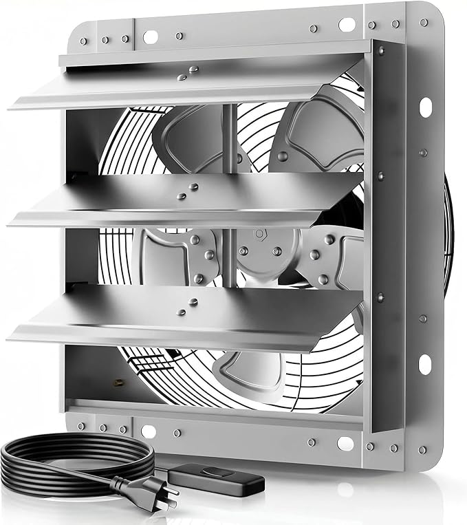 12" Shutter Exhaust Fan - Heavy Duty AC Motor, 1470 CFM Airflow | Industrial AC roller motor fan for 24/7 use. Heavy-duty steel blades. Rust-resistant. Independent power switch. 10-year life.