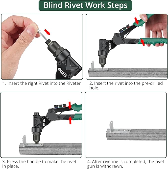 JiGiU 3 in 1 Rivet Gun Kit, Rivet Nut Tool Manual Pop Rivet Gun Tool Multi Size with 4 Mandrels, 4 Rivet Head & 2 Reaming Mandrels, 360° Swivel Head for Metal, Automotive, Sheet Metal, DIY Repair