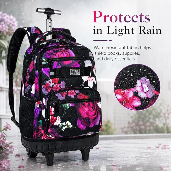 3Pcs Rolling Backpack for Girls Women, Travel Roller Backpacks with Wheels for Adults, Teens College Rose Wheeled Bookbag with Lunch Box(Black)