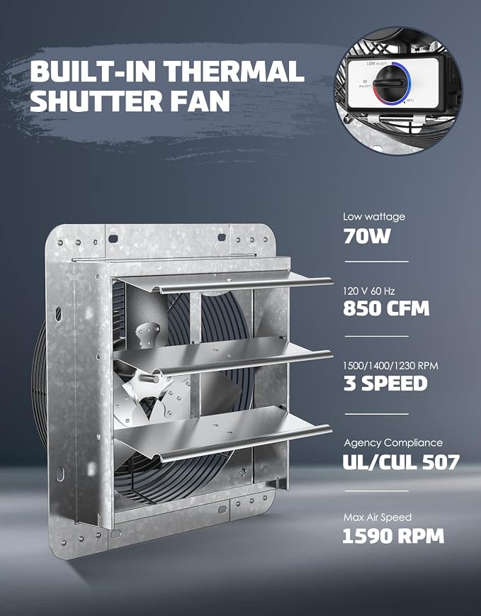 iLIVING 14" Wall Mounted Shutter Exhaust Thermostat Control-3 Speeds Vent Fan For Home Attic, Shed, or Garage Ventilation, 850 CFM, 1300 SQF Coverage Area, Variable, Silver