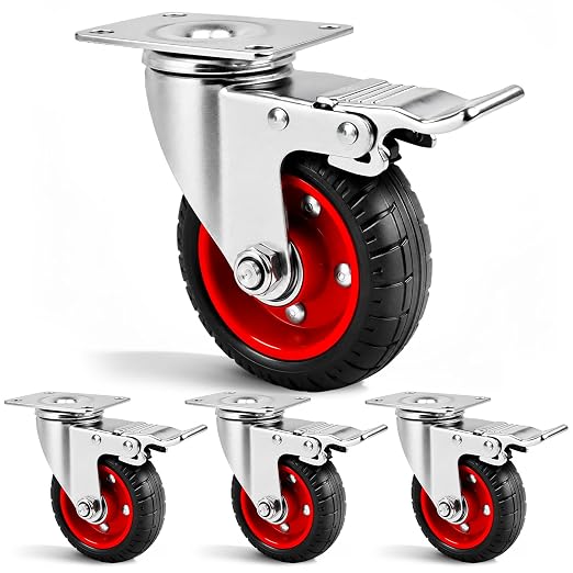 4 Inch Caster Wheels Heavy Duty with Dual-Lock Safety Brake and Rubber Tire Wheels, Heavy Duty - 300 Lbs Per Caster for Workbench, Trolley, Cabinet, Swivel Rubber Wheel 4-Packs with mounting Hardware