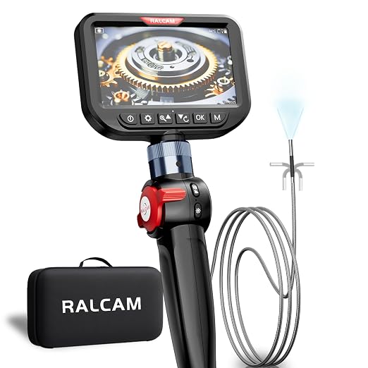 Ralcam 3.9mm Two-Way Articulating Borescope, 5 Inch HD Industrial Endoscope Inspection Camera with Light, Stainless Steel Flexible Fiber Optic Scope Camera 0.15in Automotive Mechanics Tool
