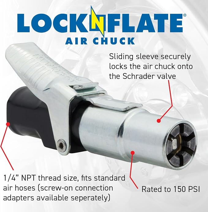 LockNFlate Air Chuck - Compatible with Tire Inflators - Six Steel Jaws, Closed Flow